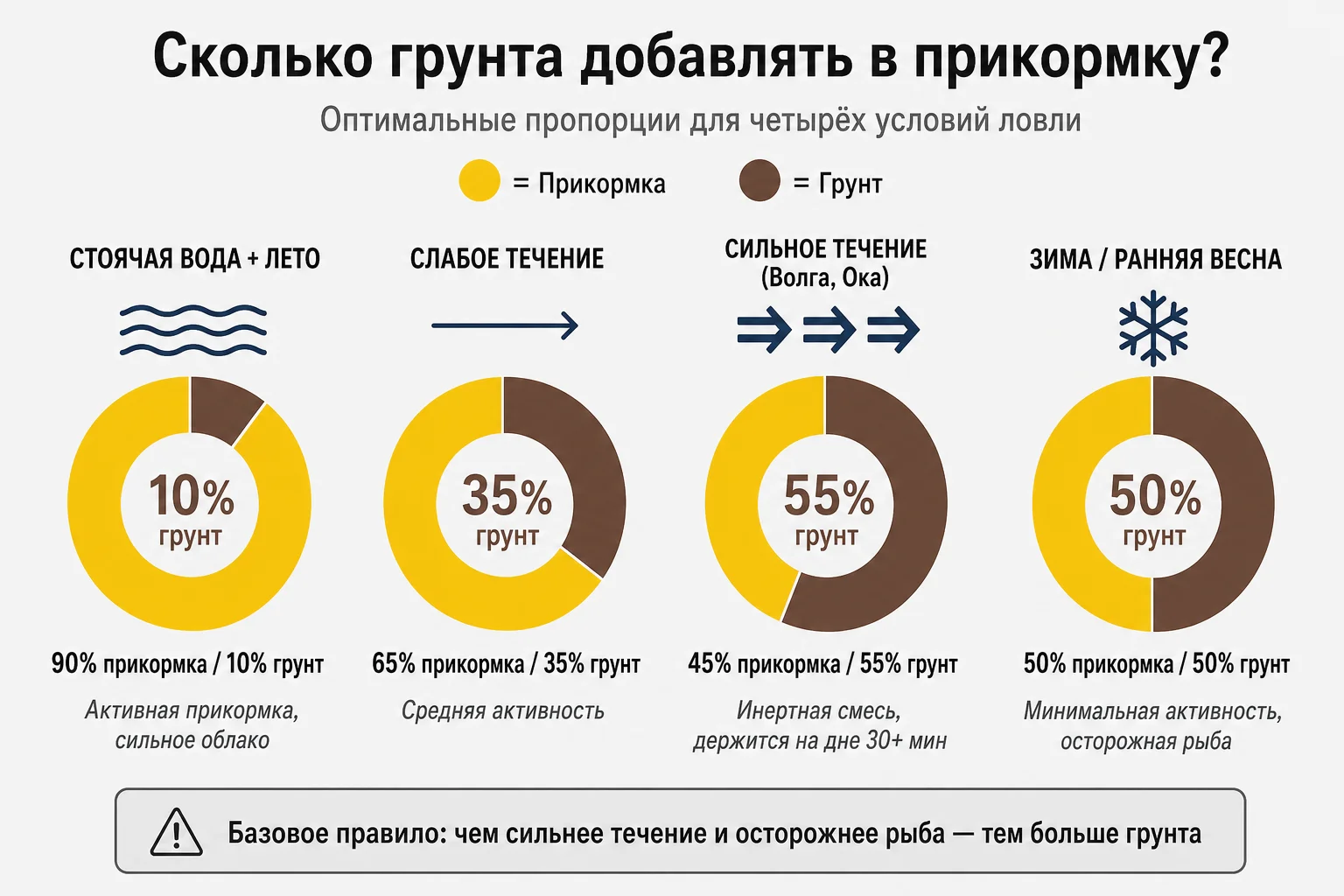 Сколько грунта добавлять в фидерную прикормку Пропорции грунта в фидерной прикормке для четырёх условий: стоячая вода 10%, слабое течение 35%, сильное течение 55%, зима 50% грунта
