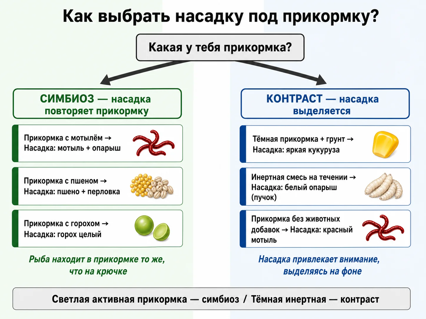 Насадка под прикормку: симбиоз или контраст Схема выбора насадки под прикормку: симбиоз (мотыль, пшено, горох) и контраст (кукуруза, опарыш, мотыль) — стратегии фидерной ловли