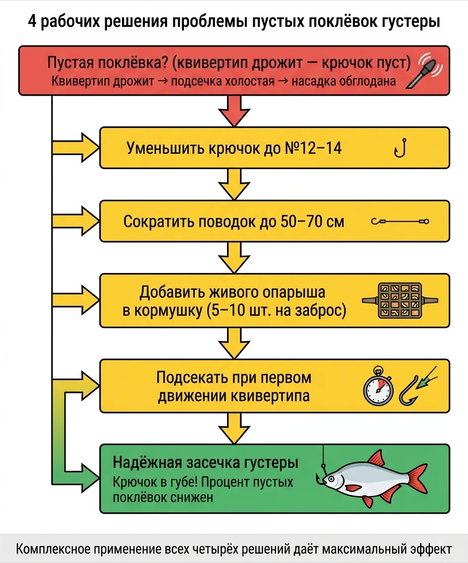 4 рабочих решения пустых поклёвок густеры Схема как избавиться от пустых поклёвок густеры: 4 рабочих решения от уменьшения крючка до добавления живого опарыша в кормушку