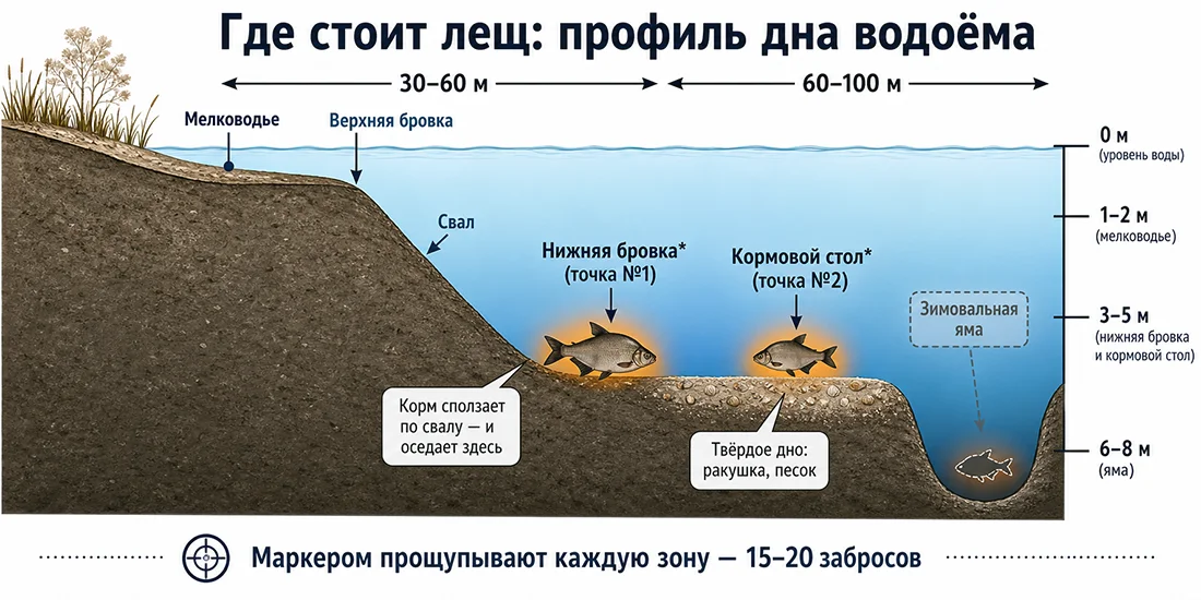 Где искать леща: профиль дна Схема профиля дна водоема с указанием мест стоянки леща: мелководье, бровки, свал, кормовой стол, зимовальная яма и глубины