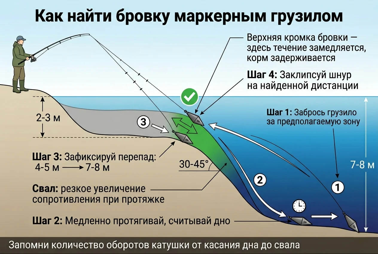 Поиск бровки маркерным грузилом Схема как найти бровку маркерным грузилом: этапы от заброса до фиксации перепада глубин и заклипсования шнура