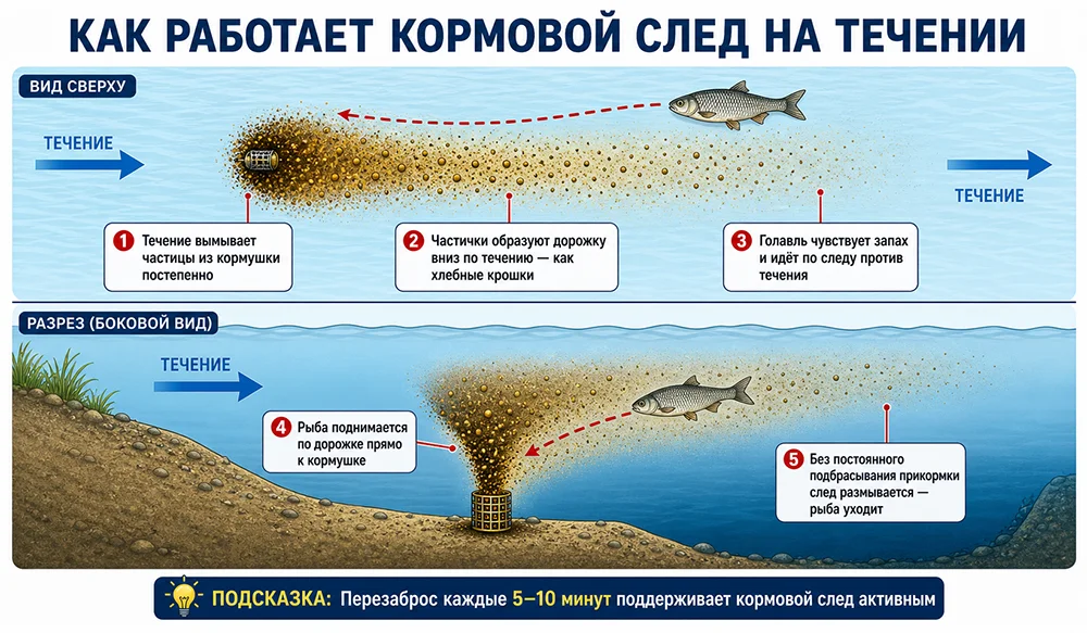 Как работает кормовой след на течении — схема Кормовой след на течении: схема, как частицы прикормки вымываются из кормушки, голавль идёт по дорожке против течения к насадке