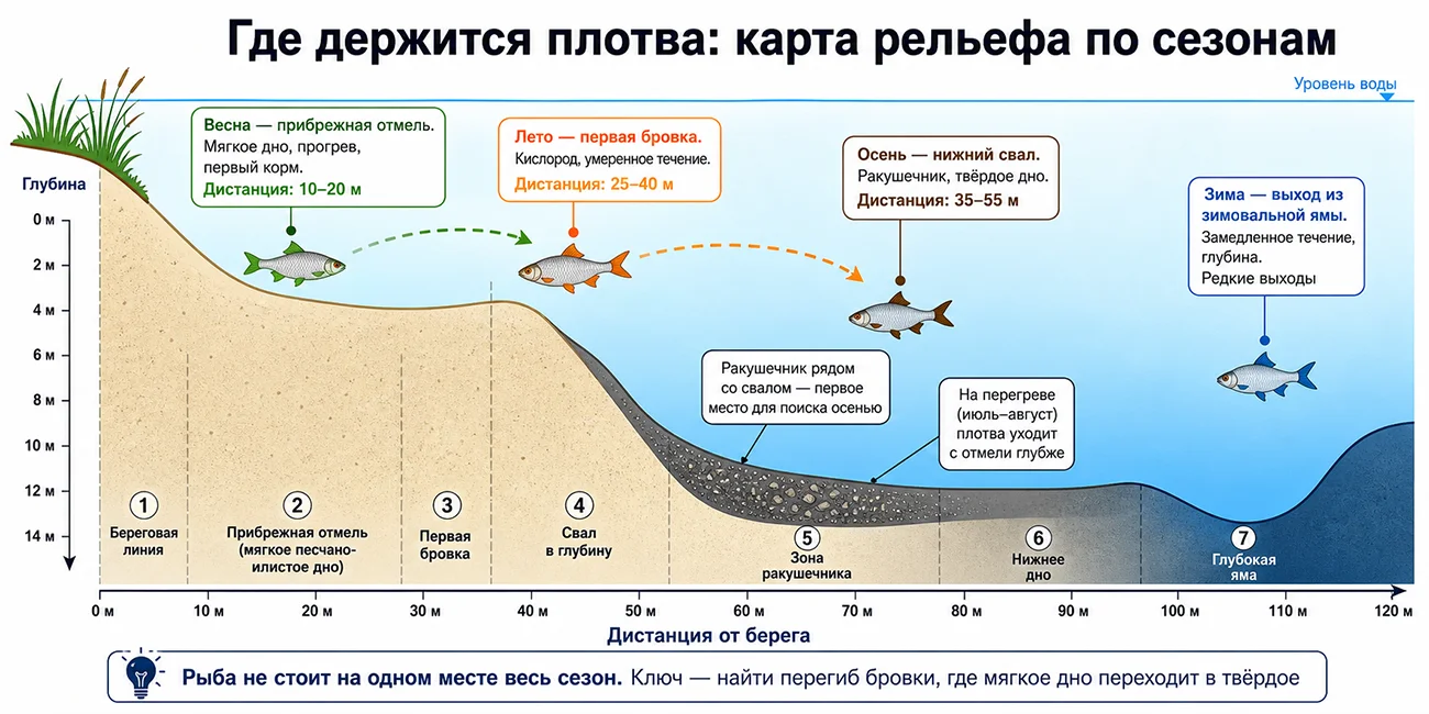 Сезонная миграция плотвы по рельефу дна Инфографика сезонных стоянок плотвы: карта рельефа дна с глубинами и дистанциями для весны, лета, осени и зимы