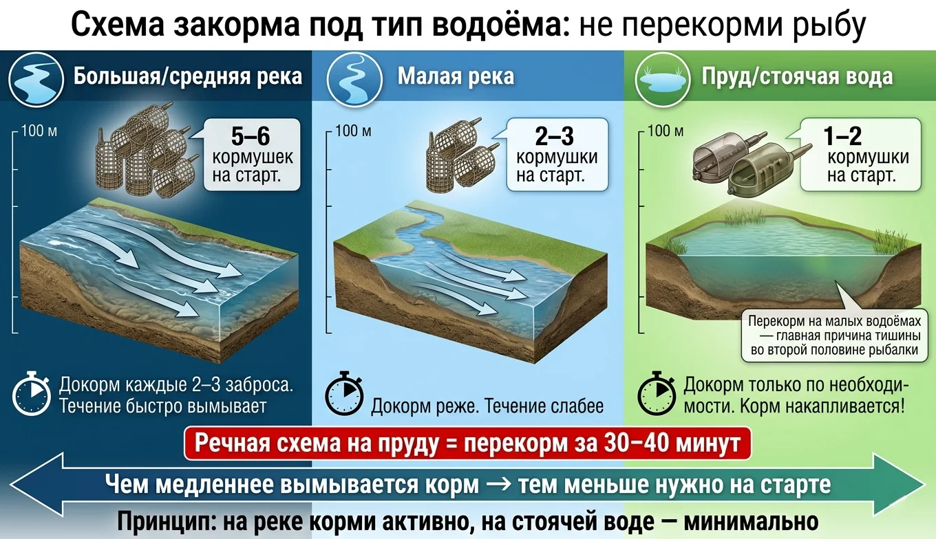 Схема закорма под тип водоёма: река, малая река, пруд Инфографика схем закорма для разных водоёмов: большая река 5-6 кормушек, малая река 2-3, пруд 1-2 кормушки на старте с интервалами докорма