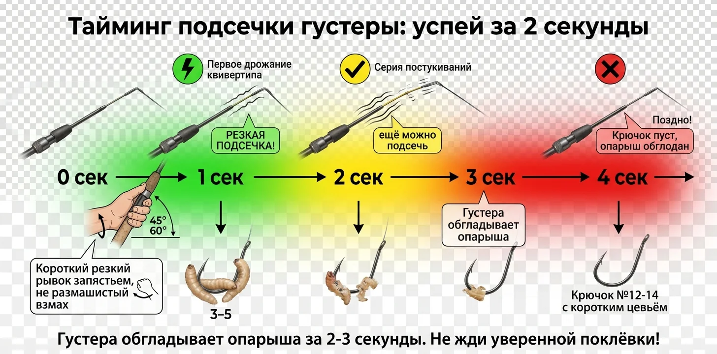 Тайминг подсечки густеры: 2 секунды Временная шкала для подсечки густеры: от 0 до 4 сек с визуализацией поклёвки на квивертип и состоянием опарыша на крючке