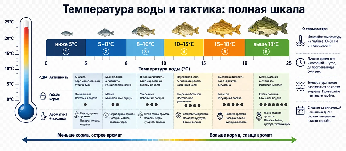 Температура воды и тактика ловли карпа: полная шкала Инфографика зависимости активности карпа от температуры воды с рекомендациями по тактике ловли, объему прикормки и выбору ароматики насадок в диапазоне 0-25°C