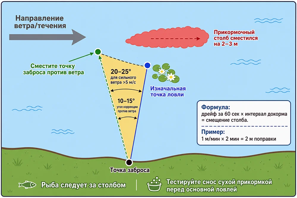 Как скорректировать заброс при ветре: схема и формула Схема коррекции точки заброса на фидер при ветре и течении: углы 10-15° и 20-25°, формула расчёта смещения прикормочного столба