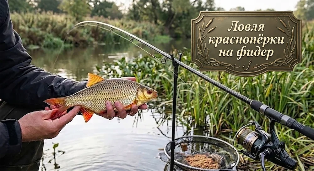 Ловля краснопёрки на фидер: оснастка и насадки Рыболов держит пойманную краснопёрку с красными плавниками на фоне реки, рядом стоит фидерное удилище и подсак с насадкой