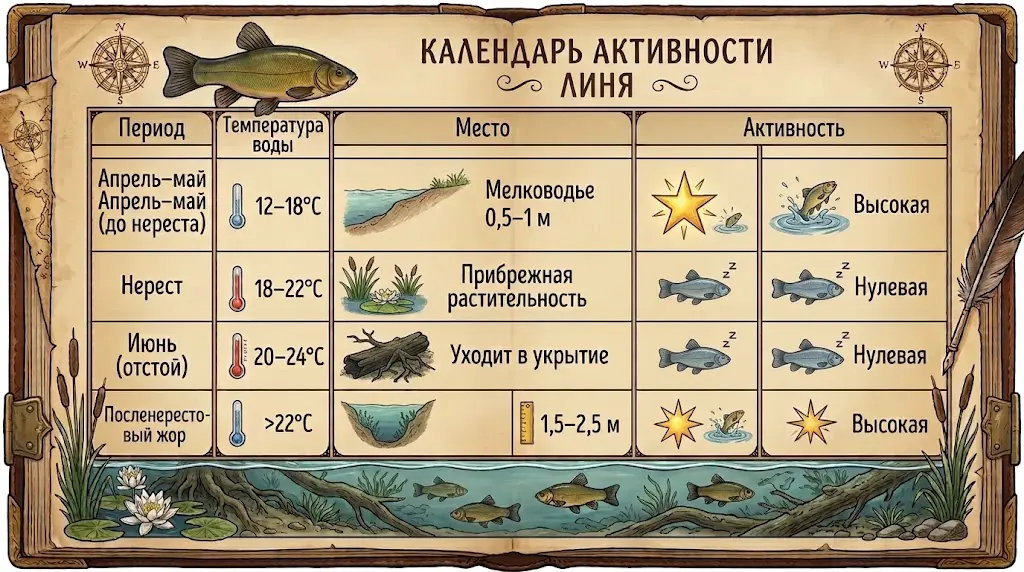 Календарь активности линя: нерест, отстой, жор Календарь активности линя по периодам: апрель–май на мелководье высокая активность, нерест нулевая, июнь отстой нулевая, посленерестовый жор высокая на глубине 1,5–2,5 м