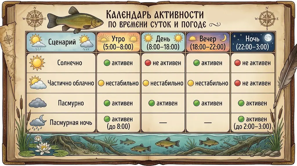 Лучшее время для ловли линя по погоде Календарь активности линя по времени суток и погоде: солнечно, пасмурно, облачно – когда рыба активна, а когда нет в утро, день, вечер и ночь
