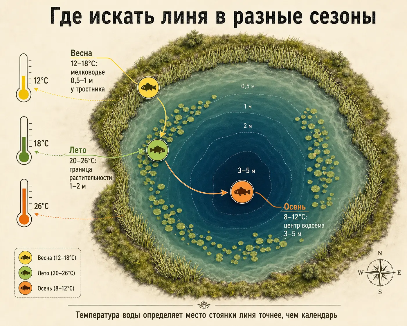 Где искать линя: сезонные стоянки Схема сезонных стоянок линя: весной у тростника на 0,5–1 м, летом на границе растительности на 1–2 м, осенью в центре водоёма на 3–5 м