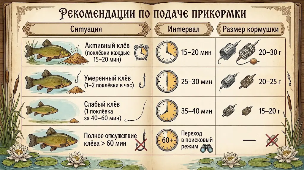 Подача прикормки для линя: интервалы и вес Таблица рекомендаций по подаче прикормки для линя в зависимости от активности клёва: интервал забросов и вес кормушки для активного, умеренного и слабого клёва
