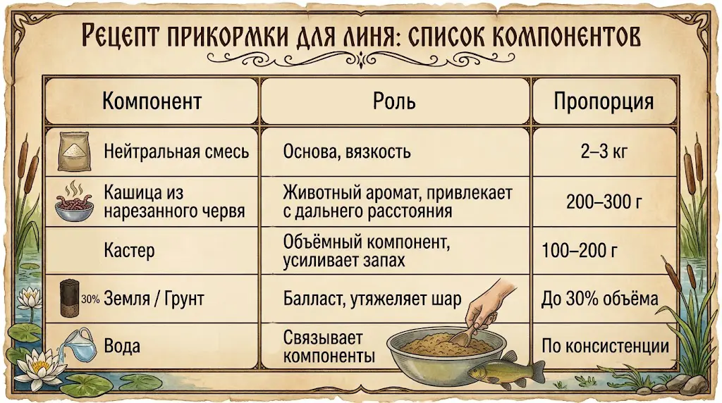 Рецепт прикормки для линя: пропорции и компоненты Таблица рецепта прикормки для линя: нейтральная смесь, червь, кастер, земля и вода с указанием роли и пропорций каждого компонента