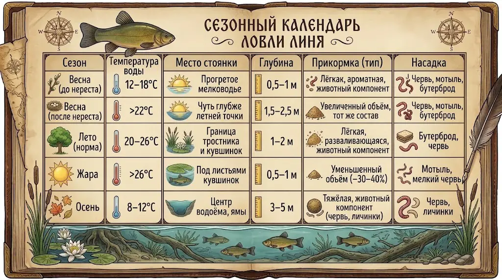 Сезонный календарь ловли линя: таблица Сезонный календарь ловли линя: таблица с температурой воды, местом стоянки, глубиной, типом прикормки и насадкой для весны, лета, жары и осени