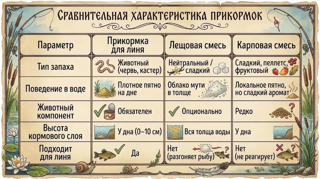 Сравнение прикормок: линь, лещ, карп – отличия Сравнительная таблица прикормок для линя, леща и карпа: тип запаха, поведение в воде, наличие животного компонента и высота кормового слоя