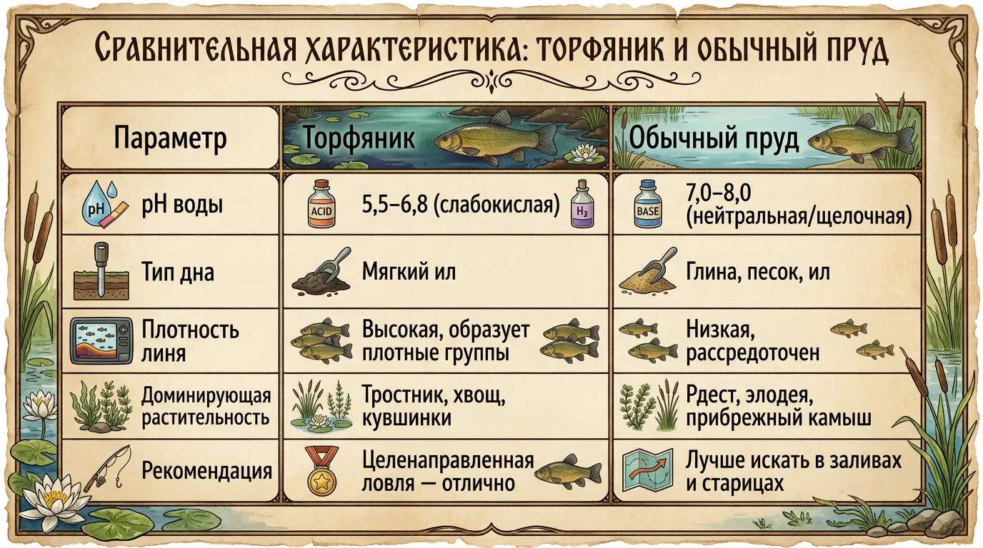 Торфяник или пруд: сравнительная таблица Сравнительная таблица условий в торфяном и обычном пруду: кислотность pH, тип дна, плотность линя, растительность и рекомендации по ловле