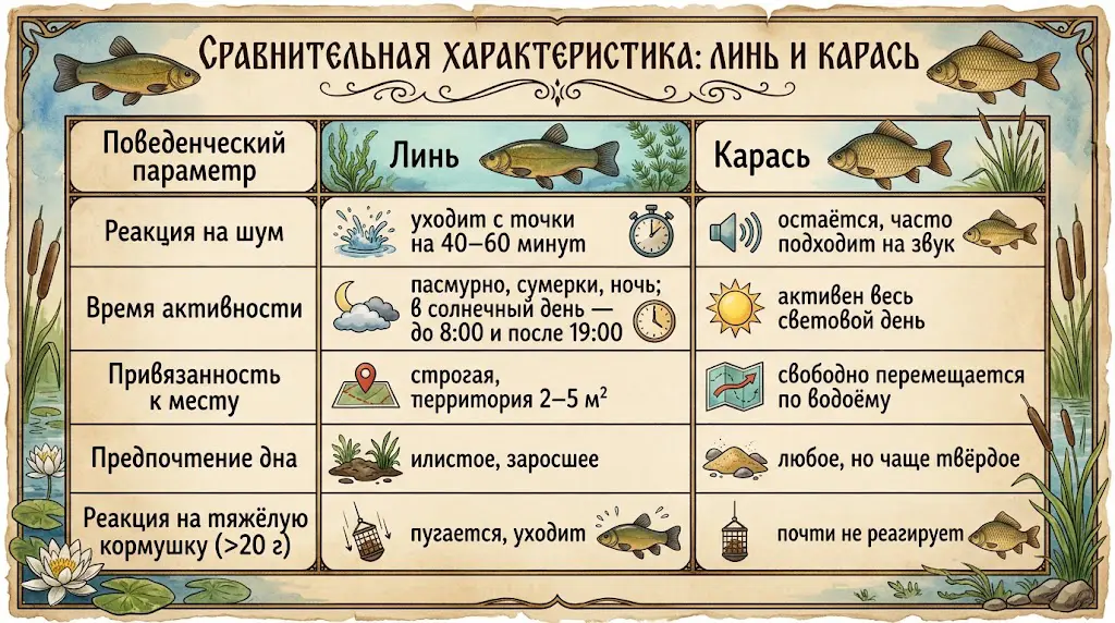 Сравнение линя и карася: поведение и повадки Сравнительная таблица поведения линя и карася: реакция на шум, время активности, привязанность к месту, тип дна и реакция на кормушку