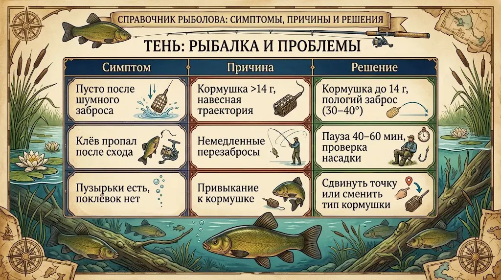 Проблемы ловли линя: причины и решения Таблица с симптомами, причинами и решениями проблем при ловле линя: пусто после шумного заброса, пропажа клёва после схода, пузырьки без поклёвок