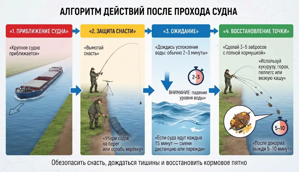Порядок действий фидериста при проходе судна Инфографика с алгоритмом действий после прохода судна: защита снасти, ожидание и восстановление точки для фидерной ловли