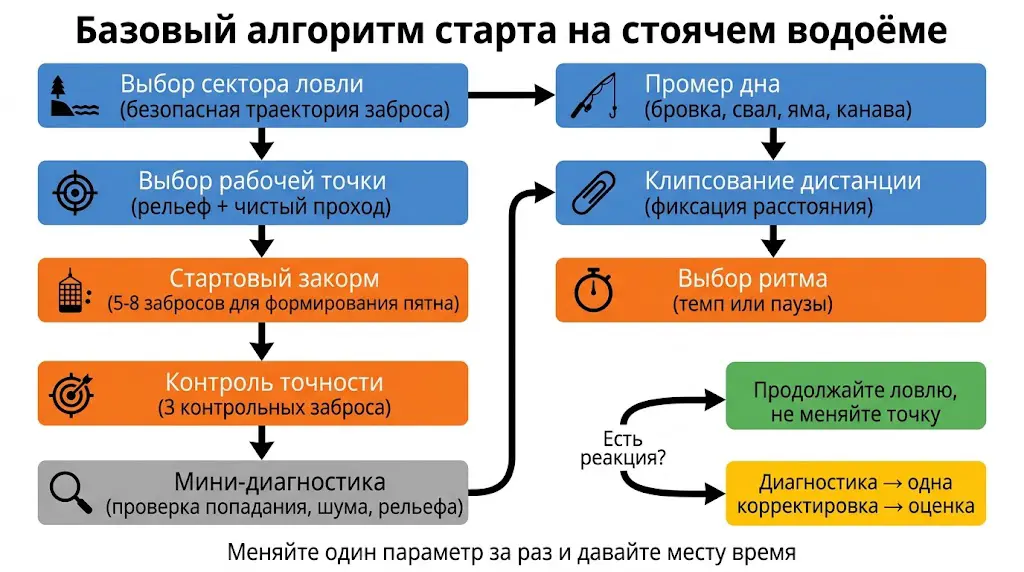 Как ловить фидером на стоячих водоемах: промер дна, закорм, точность 3 Базовый алгоритм старта на стоячем водоеме для ловли фидером: выбор сектора, стартовый закорм и контроль точности
