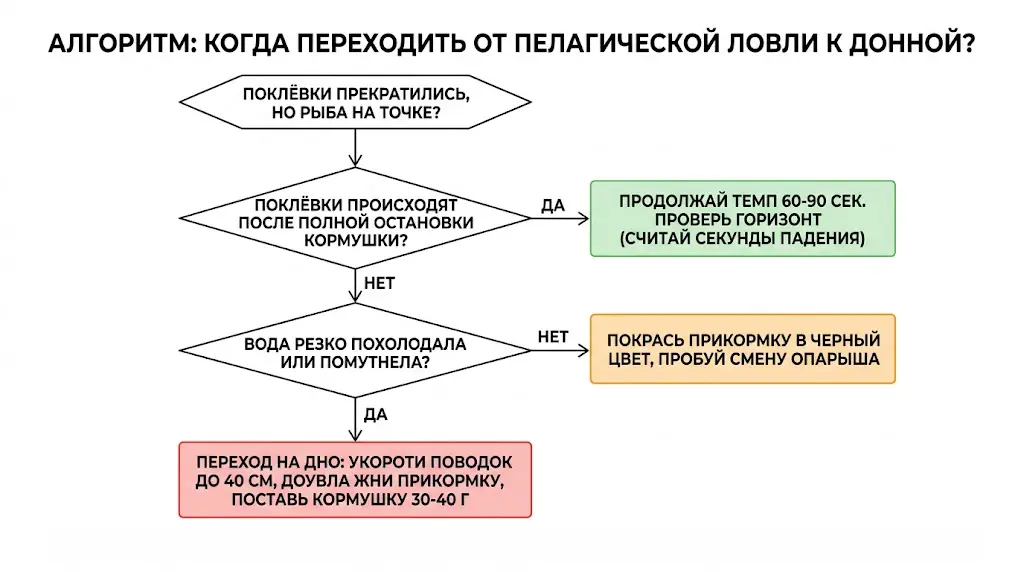 Алгоритм: когда переходить на донную ловлю синца Алгоритм перехода от пелагической ловли синца к донной: условия прекращения поклёвок, похолодание воды, действия по укорачиванию поводка и утяжелению кормушки