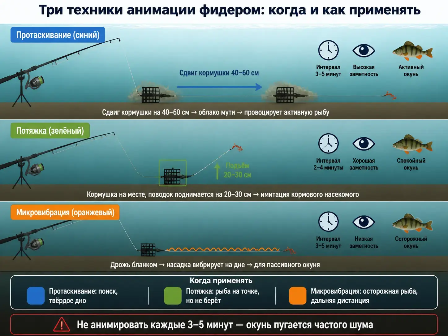 Три техники анимации фидером для ловли окуня Схема трёх техник анимации фидером: протаскивание, потяжка и микровибрация — интервалы и типы окуня для каждой