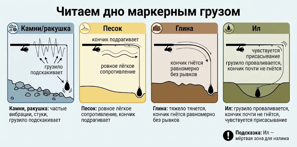 Как читать дно маркерным грузом: типы грунта Инфографика о том, как читать дно маркерным грузом: четыре типа грунта — камни, песок, глина и ил с описанием вибраций, сопротивления и поведения кончика удилища