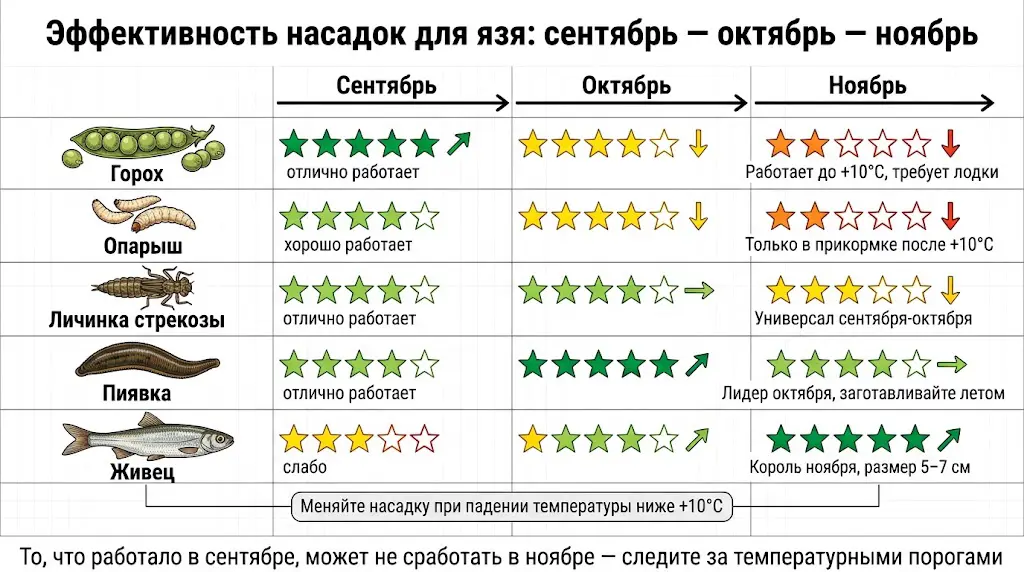Сравнение насадок для ловли язя: сентябрь, октябрь, ноябрь Эффективность насадок для язя осенью: таблица с оценкой гороха, опарыша, личинки стрекозы, пиявки и живца по месяцам