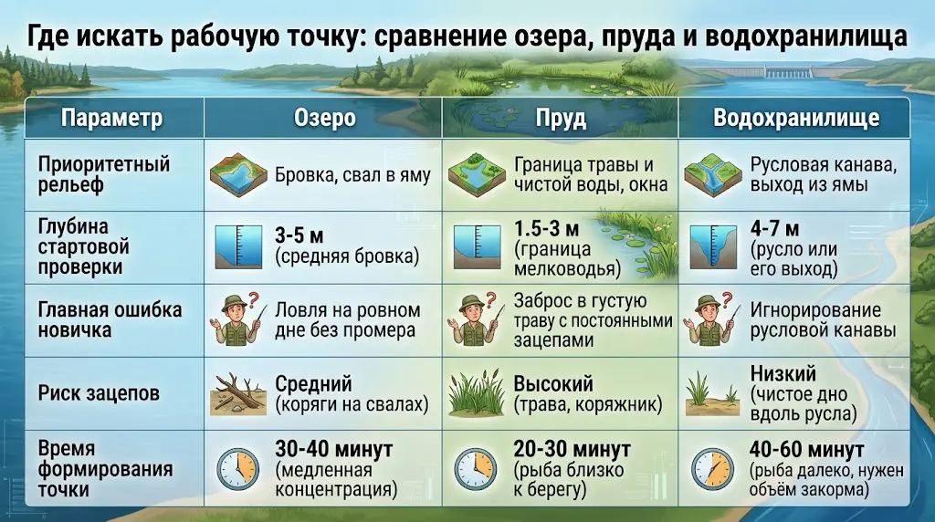 Как ловить фидером на стоячих водоемах: промер дна, закорм, точность 4 Сравнительная таблица для фидера: где искать рабочую точку на озере, пруду и водохранилище, учитывая рельеф и глубину