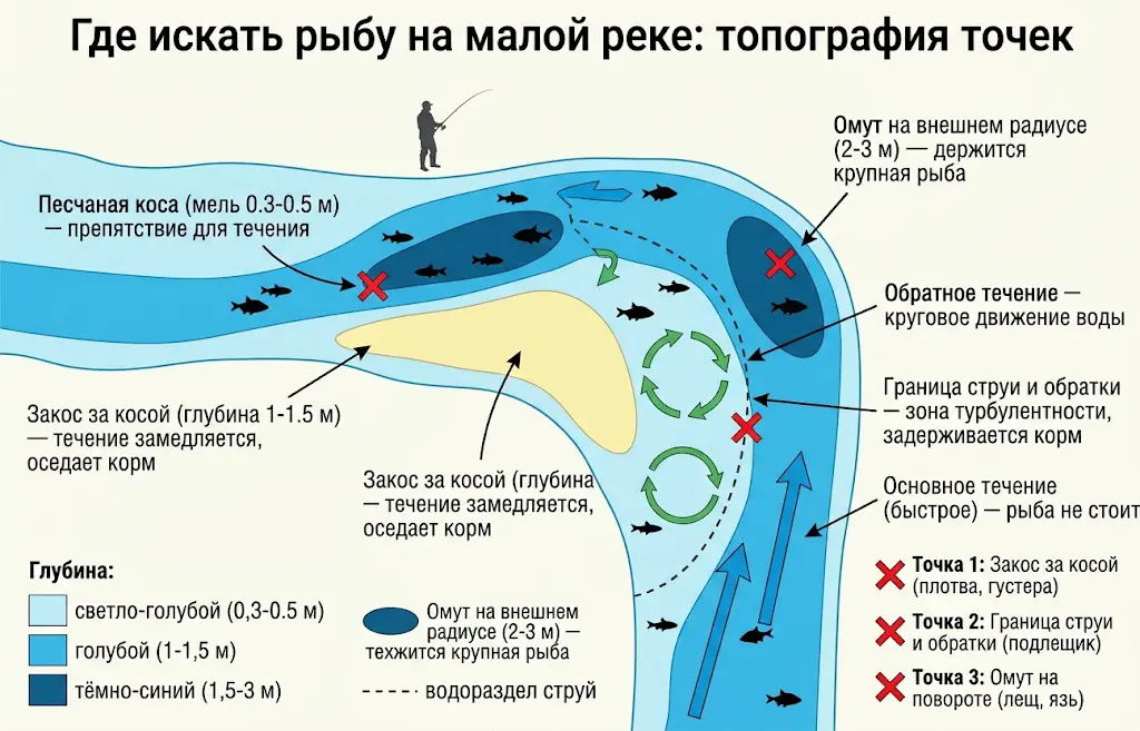 Топография реки: где искать рыбу на малой реке Инфографика-схема, показывающая, где искать рыбу на малой реке, с указанием топографии точек, течений и глубины