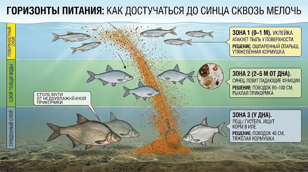 Горизонты питания синца – как обойти мелочь Схема горизонтов питания при ловле синца на фидер: поверхностная зона с уклейкой, средняя – для синца, придонная – для леща и густеры с рекомендациями