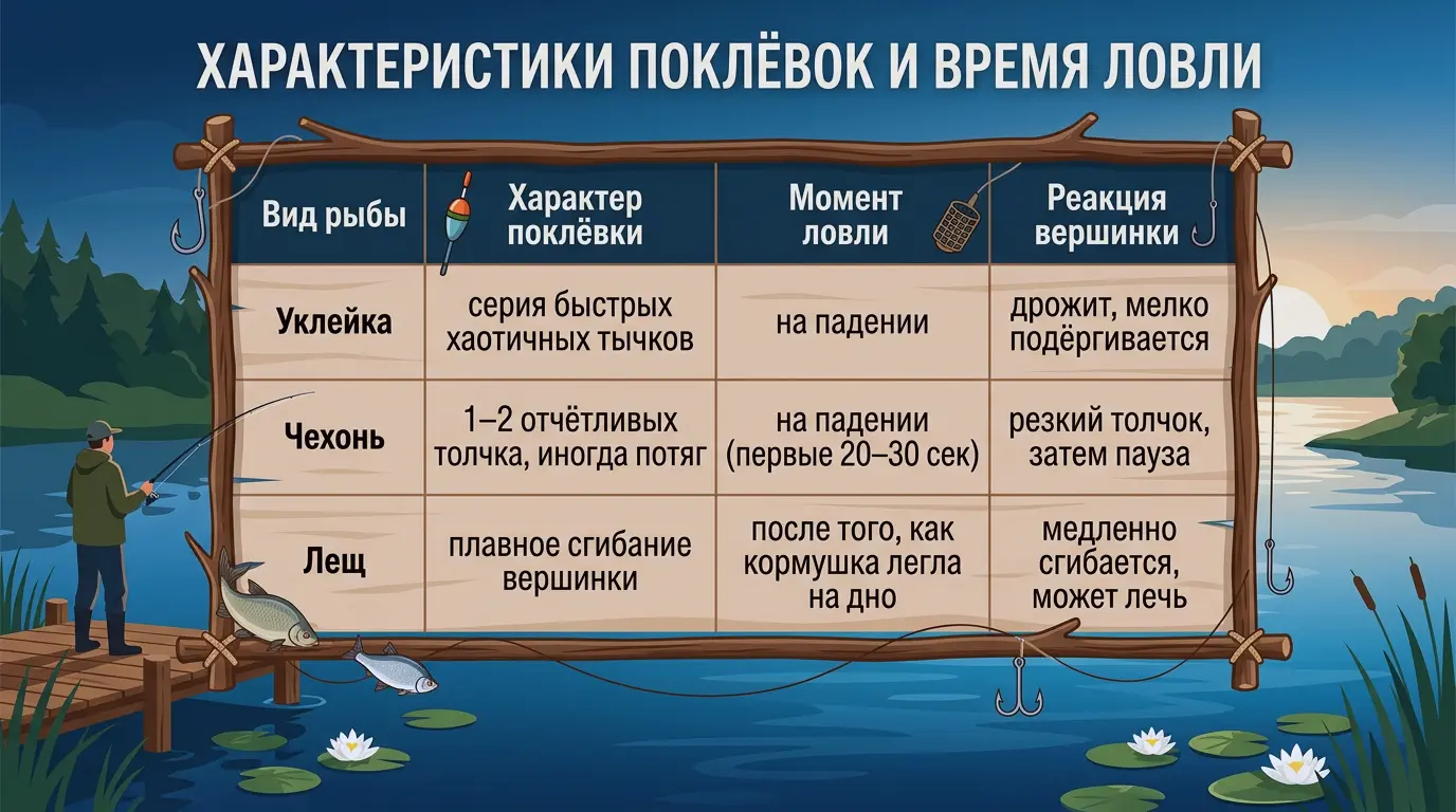 Характеристики поклёвок уклейки, чехони и леща Таблица характеристик поклёвок и времени ловли: сравнение уклейки, чехони и леща по типу поклёвки и реакции вершинки фидера