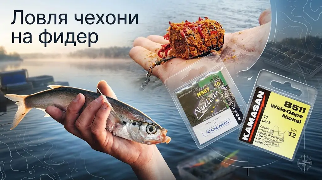 Ловля чехони на фидер Ловля чехони на фидер: в руках рыболова пойманная рыба, кормушка с прикормкой и упаковки крючков Kamasan и Colmic