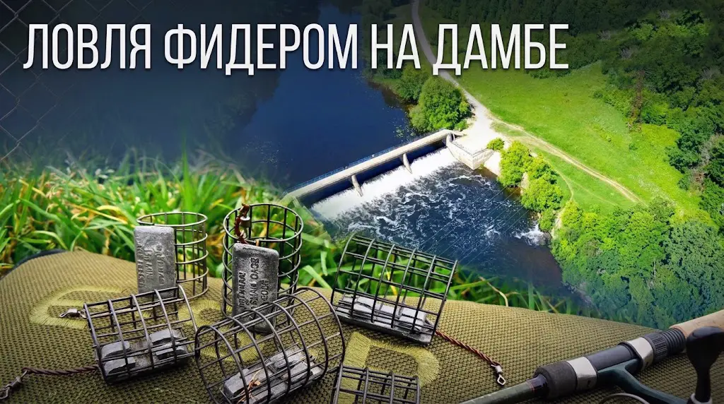Ловля фидером на дамбе: выбор кормушек и снастей Снасти для ловли фидером на дамбе: металлические кормушки с грузом на зеленом коврике и вид на реку с плотиной