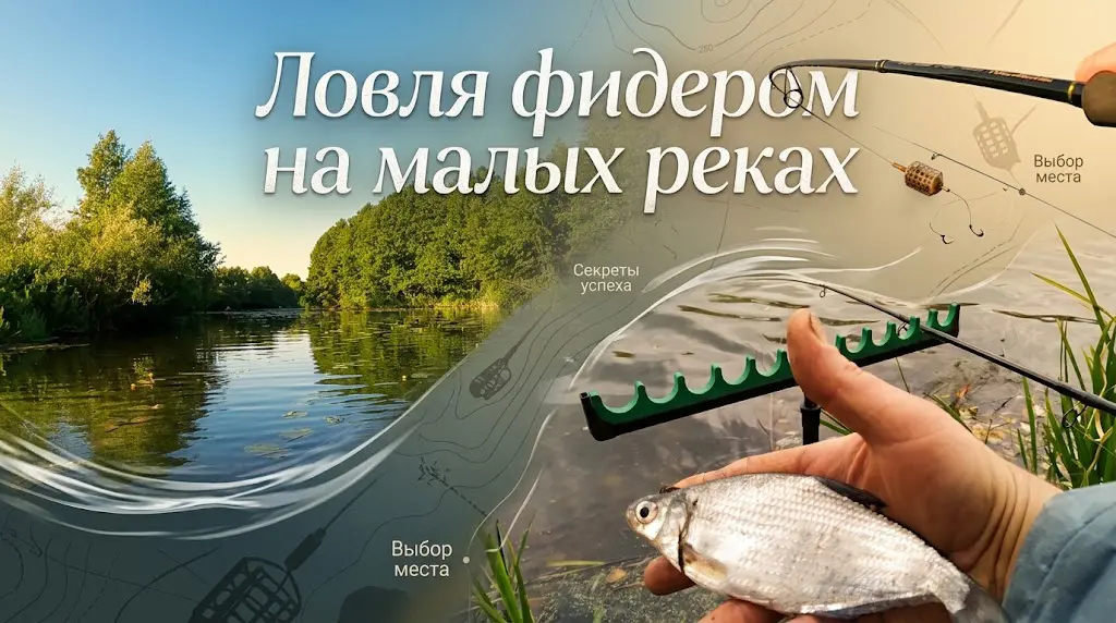 Фидерная ловля на малых реках: секреты успешного улова Ловля фидером на малых реках: рыбак держит пойманную рыбу на фоне водоема и снастей для фидерной ловли