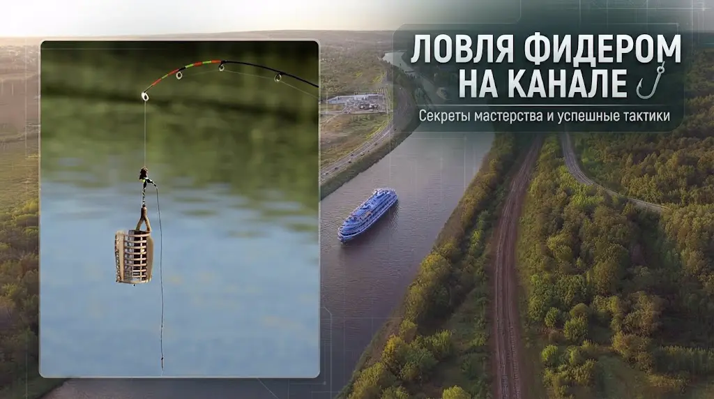 Секреты фидерной ловли на канале Оснастка для фидерной ловли на канале с металлической кормушкой крупным планом на фоне реки и теплохода