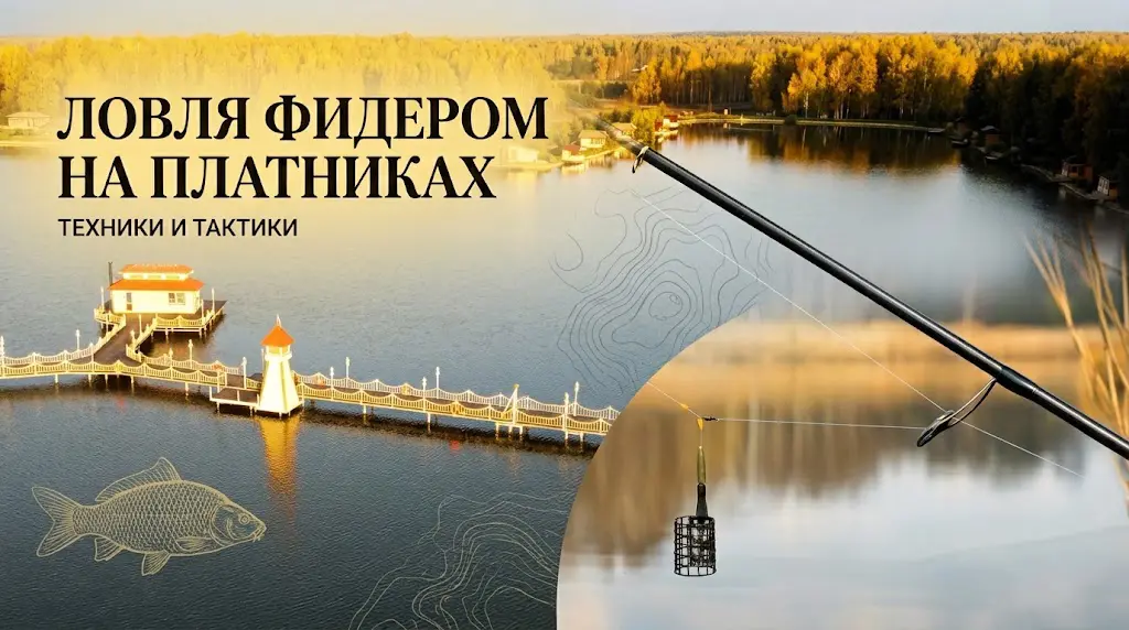 Техники и тактики фидерной ловли на платных водоемах Ловля фидером на платниках: удочка с кормушкой над водой, пирс с домиком и схема рыбы на фоне осеннего пейзажа