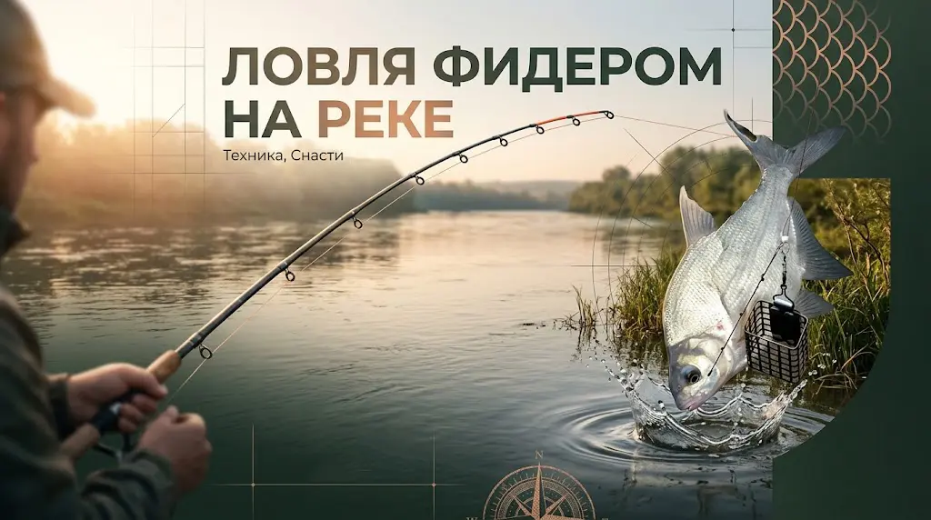 Техника и снасти для ловли фидером на реке Ловля фидером на реке: рыбак с удилищем вываживает крупного леща с кормушкой на фоне