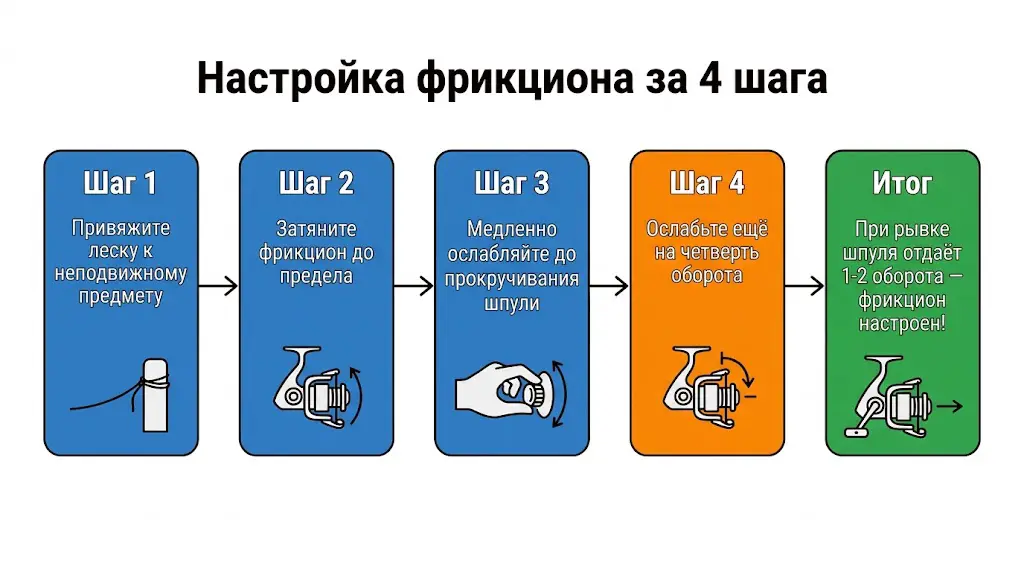 Как настроить фрикцион катушки: инструкция за 4 шага Инфографика: настройка фрикциона катушки за 4 шага. Пошаговая инструкция для спиннингиста с описанием действий и схем