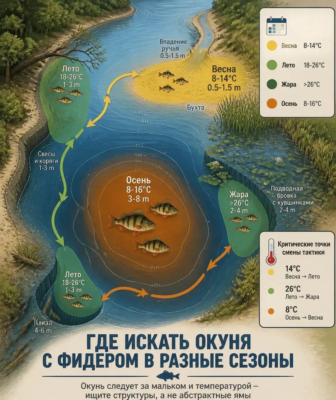 Где искать окуня с фидером в разные сезоны: схема Инфографика сезонных стоянок окуня: весенняя бухта, летние коряги, осенняя яма и температуры смены тактики 8, 14, 26 градусов
