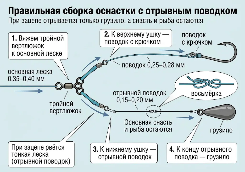 Оснастка с отрывным поводком: правильная сборка Схема сборки оснастки с отрывным поводком для ловли налима: тройной вертлюжок, поводок с крючком и отрывной поводок с грузилом, который рвётся при зацепе