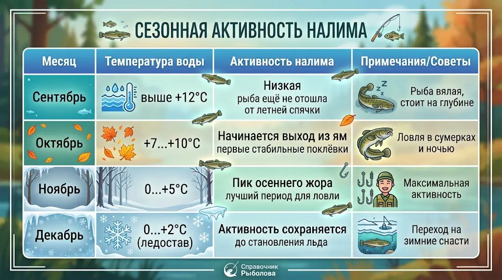 Сезонная активность налима: таблица по месяцам Таблица сезонной активности налима с температурой воды и периодами жора: от низкой в сентябре до пика в ноябре и сохранения активности до ледостава