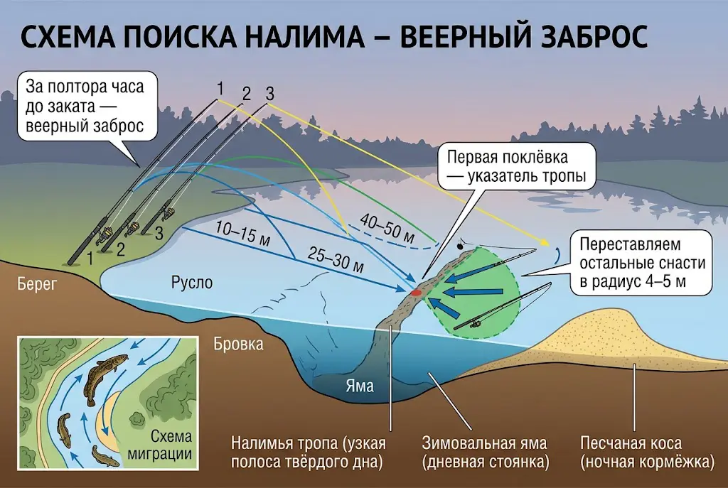 Схема поиска налима: веерный заброс и тропа Схема веерного заброса для поиска налима: три удилища на расстоянии 10–15, 25–30 и 40–50 м от берега, определение тропы по поклёвке, зимовальная яма, бровка и песчаная коса