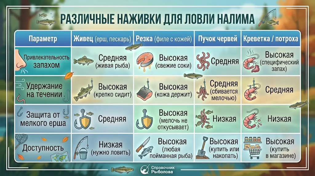 Таблица наживок для налима: сравнение и выбор Сравнительная таблица наживок для ловли налима: живец, резка из рыбы, пучок червей и креветка с оценкой по запаху, удержанию на течении и защите от мелочи