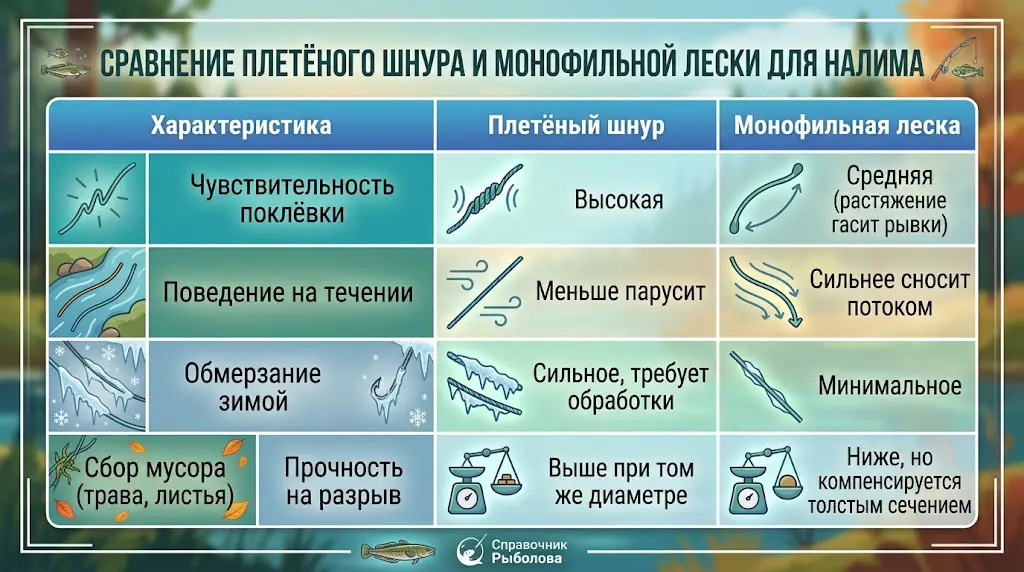 Плетёнка или монофил: таблица сравнения для налима Сравнительная таблица плетёного шнура и монофильной лески для ловли налима: чувствительность, поведение на течении, обмерзание зимой и сбор мусора