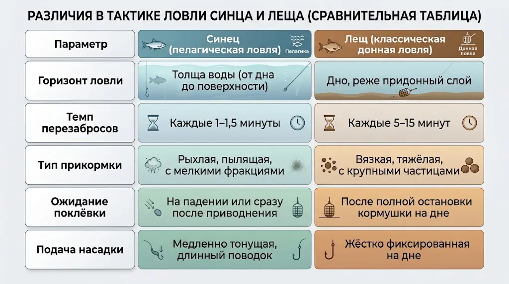 Сравнение тактик: синец и лещ на фидере Сравнительная таблица тактик ловли синца и леща на фидер: горизонт, темп перезабросов, прикормка, ожидание поклёвки, подача насадки