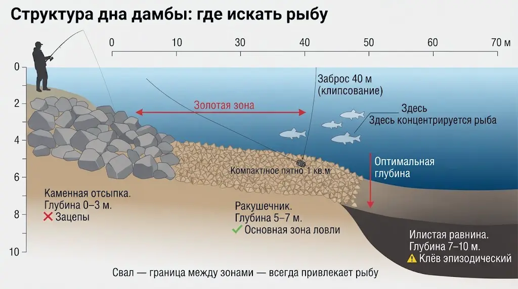 Где искать рыбу на дамбе: схема дна и глубин Инфографика структуры дна дамбы: зоны ловли рыбы, глубины от 0 до 10 метров, каменная отсыпка и ракушечник