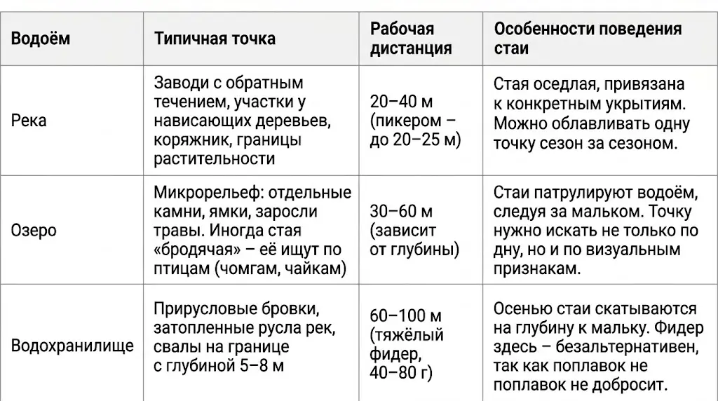 Где искать окуня: таблица точек ловли для разных водоёмов Таблица ловли окуня на фидер: типичные точки, рабочие дистанции и особенности поведения стаи на реке, озере и водохранилище
