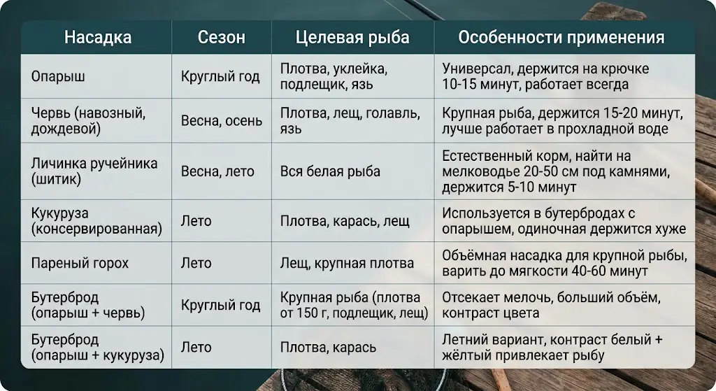Шпаргалка рыбака: выбор насадки по сезону и рыбе Таблица с насадками для рыбалки: описание сезонов ловли, целевой рыбы и особенностей применения каждой приманки