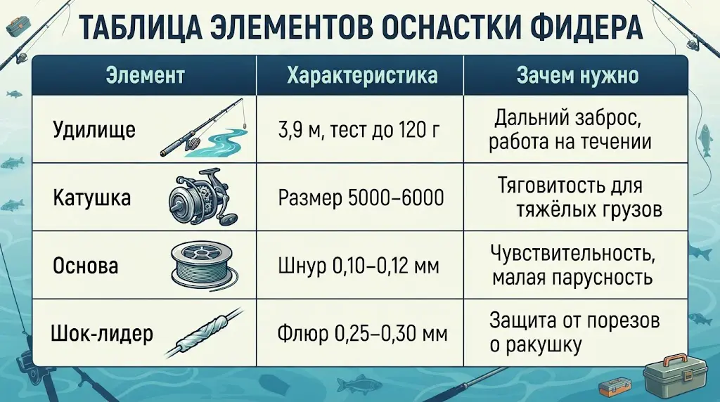 Элементы фидерной оснастки: таблица характеристик Таблица элементов оснастки фидера с характеристиками удилища, катушки, основы и шок-лидера для ловли на течении